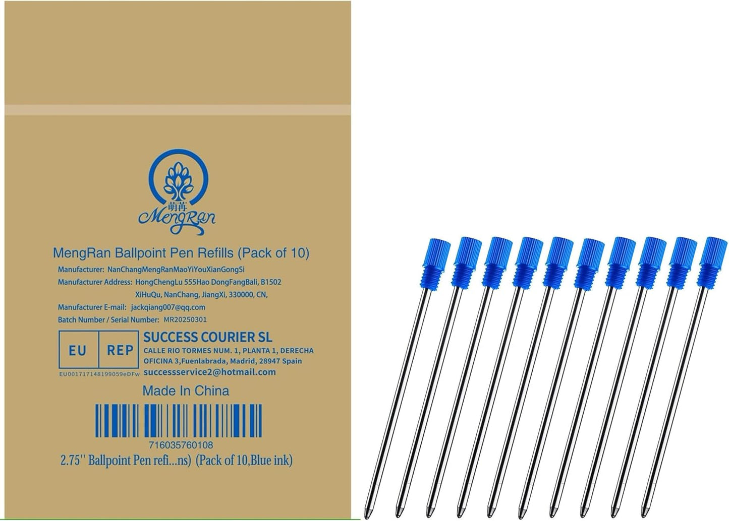 MengRan 2.75'' Mini D1 Ballpoint Ink Pen Refills for Twist Pens, Compatible with Swarovski Pen Refills (Blue Ink,Pack of 10)