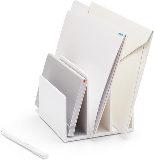Fin File Sorter - 3-Compartment File Organizer, Sturdy and Durable Document Organizer, Sleek Design with Lacquer-like Finish, File Folder Organizer for Desk (White)