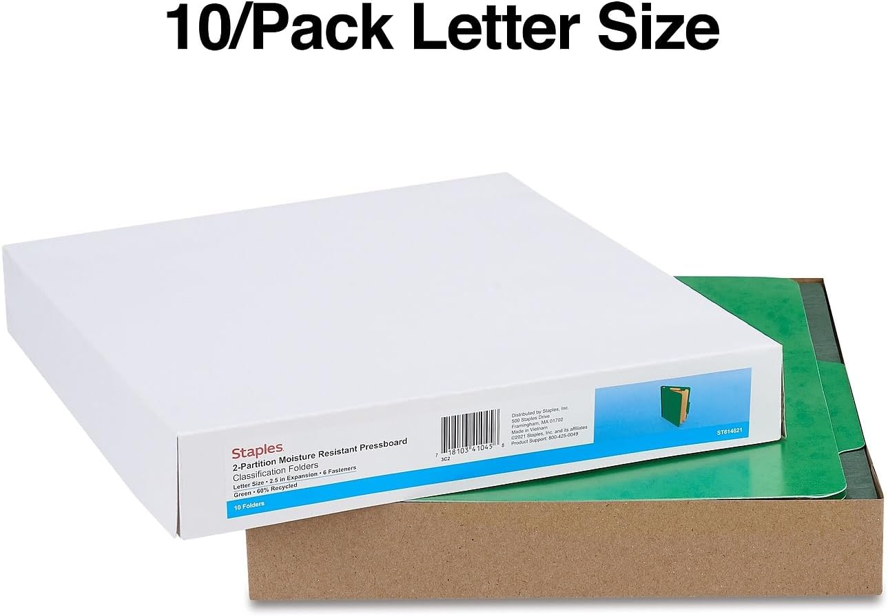 Moisture‑Resistant Classification Folder, Letter Size, 2 Dividers, 2.5″ Expansion, Green Pressboard, 20/Carton