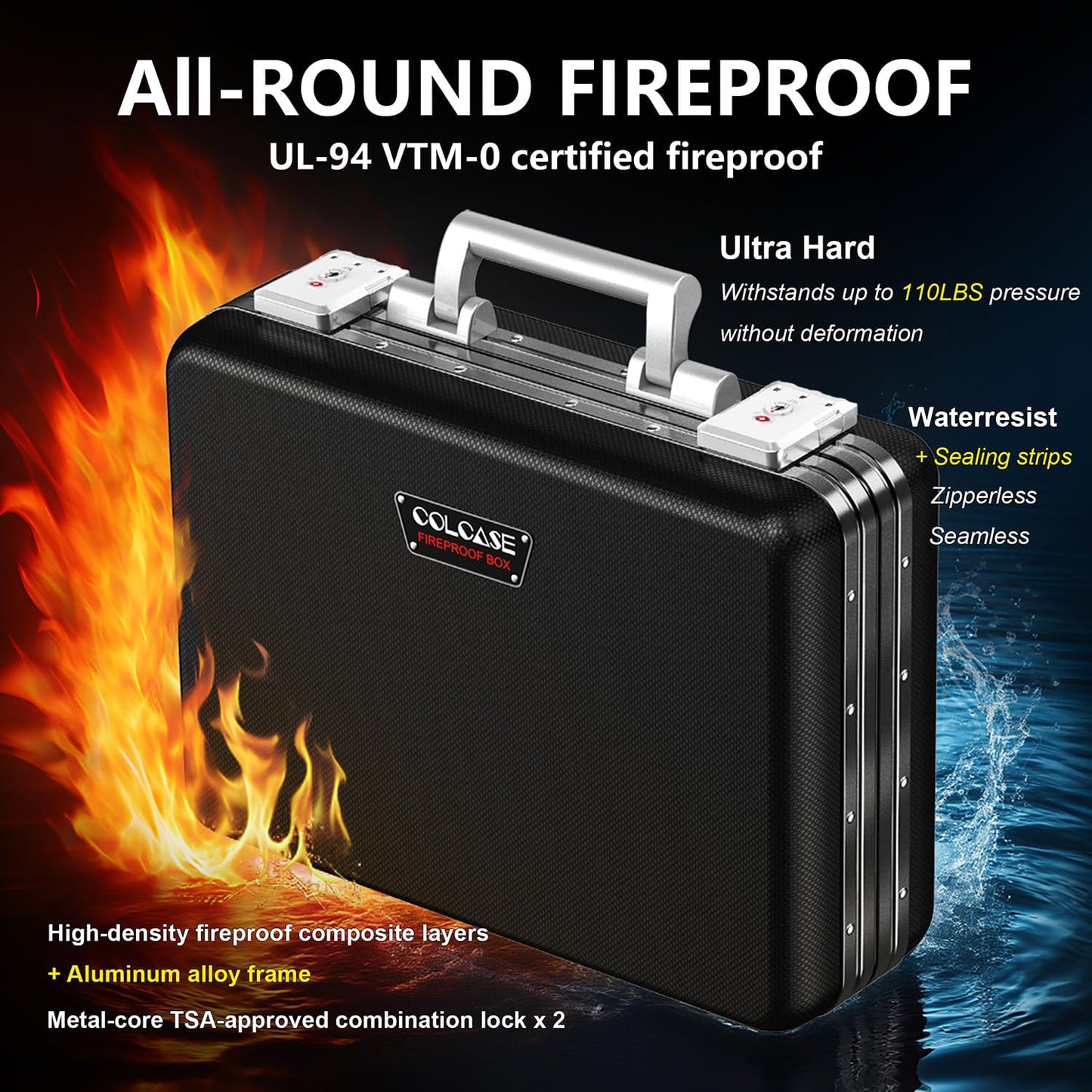 COLCASE Fireproof Document Box with Lock, Hard Fireproof Waterproof Box Creative Hard-Shell Design Fireproof Safe Box Document Organizer for Important Documents Certificates Laptop Passports Black