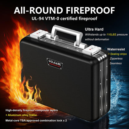 COLCASE Fireproof Document Box with Lock, Hard Fireproof Waterproof Box Creative Hard-Shell Design Fireproof Safe Box Document Organizer for Important Documents Certificates Laptop Passports Black