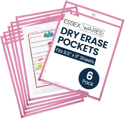 Essex Wares - 6 Pack, Assorted, Dry Erase Pocket Document Protectors, 10" Wide x 13.5" Tall- Dry Erase Clear Plastic Sleeves - Reusable & Easy Erase Plastic Invoice Holders, Water-Resistant & Durable