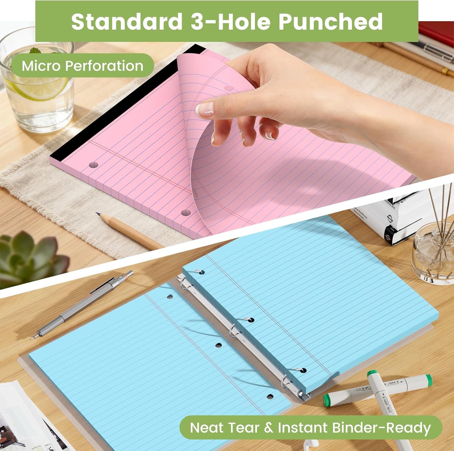 Legal Pads 8.5x11, White Notepads 8.5x11, Wide Ruled Lined with 3 Hole Punch, Loose Leaf Notebook Paper for 3 Ring Binders, 3 Pack, 30 Sheets/Pack, Perforate for School, Office, Home
