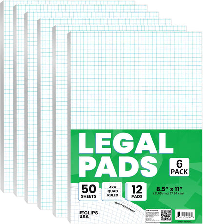 E-CLIPS USA Graph Paper Pad, Graph Paper Notebook, 4 x 4 An Inch Quad Ruled Graph Paper Pad, Graph Paper Pads 8.5 x 11, Drafting Paper, 50 Sheets Per Pad (6 Pack)