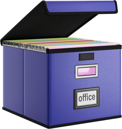 Huolewa Upgraded Portable File Organizer Box with Lid, Collapsible Linen Hanging Filing Storage Boxes with Plastic Slides, Decorative Home/Office Filing System Box for File and Folders Storage (Gray)