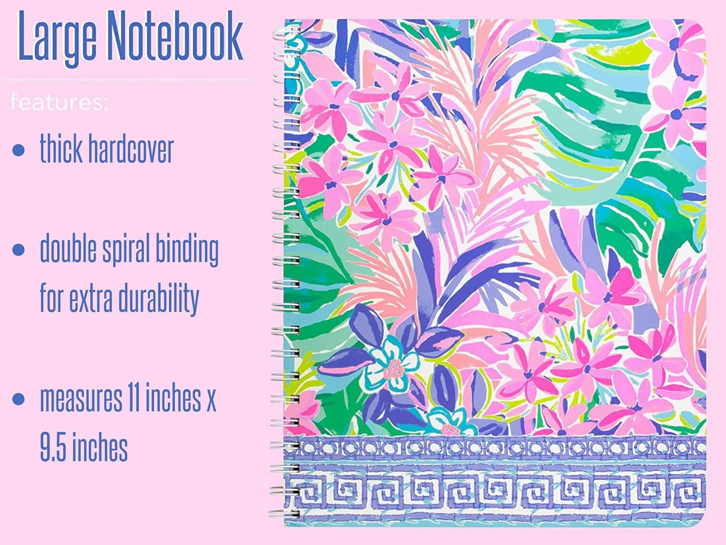 Lilly Pulitzer Large Blue Hardcover Spiral Notebook, 11" x 9.5" with 160 College Ruled Pages, Cabana Cocktail