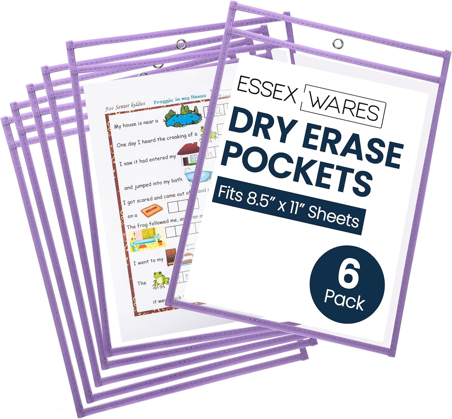 Essex Wares - 6 Pack, Assorted, Dry Erase Pocket Document Protectors, 10" Wide x 13.5" Tall- Dry Erase Clear Plastic Sleeves - Reusable & Easy Erase Plastic Invoice Holders, Water-Resistant & Durable