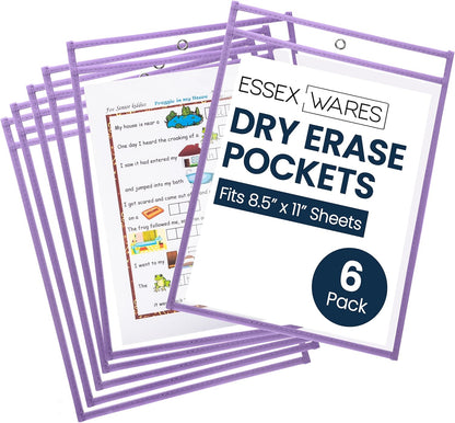 Essex Wares - 6 Pack, Assorted, Dry Erase Pocket Document Protectors, 10" Wide x 13.5" Tall- Dry Erase Clear Plastic Sleeves - Reusable & Easy Erase Plastic Invoice Holders, Water-Resistant & Durable