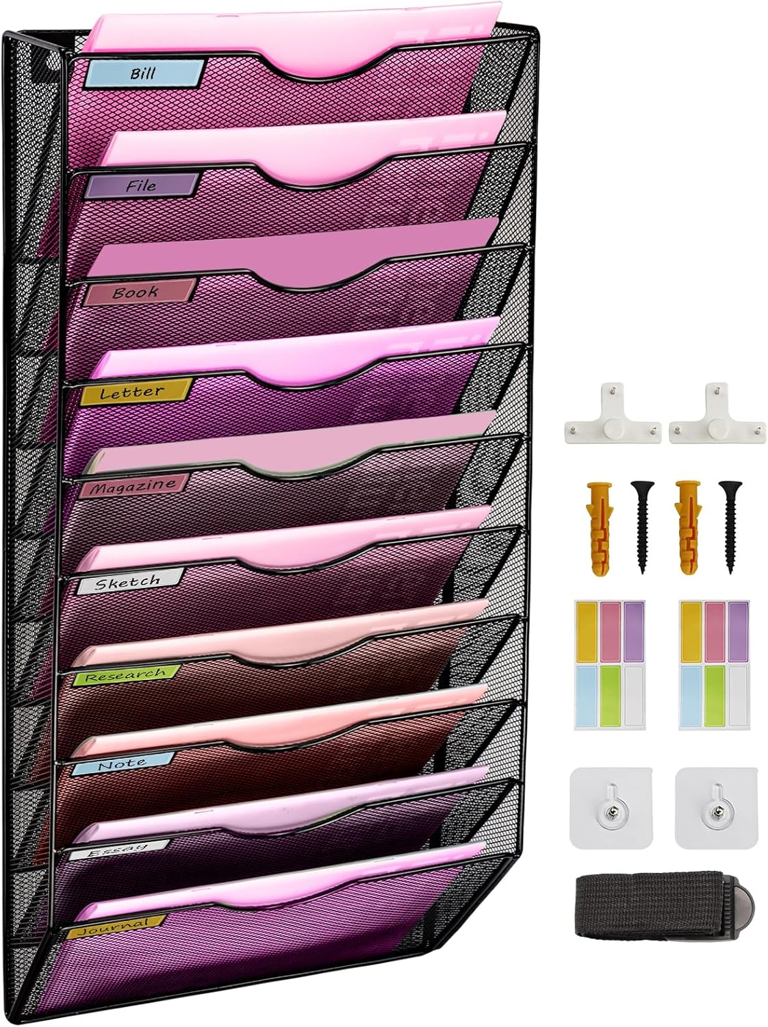 1 Pocket Mesh Wall File Holder Organizer Office Hanging File Folder Magazine Rack, Nametag Label Hooks Set Included (Black)