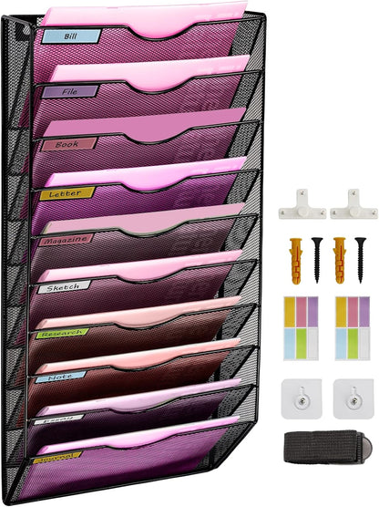 1 Pocket Mesh Wall File Holder Organizer Office Hanging File Folder Magazine Rack, Nametag Label Hooks Set Included (Black)