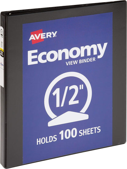 Avery Standard View 3 Ring Binder, 0.5" Round Rings, 100-Sheet Capacity, 0.7 Inch Wide Spine, 1 Black Binder, Ideal for Lightweight Organization and Occasional Referencing (05705)