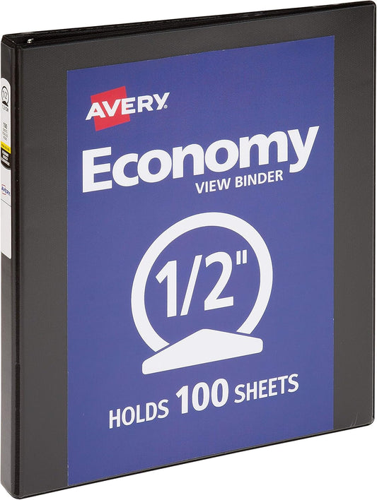 Avery Standard View 3 Ring Binder, 0.5" Round Rings, 100-Sheet Capacity, 0.7 Inch Wide Spine, 1 Black Binder, Ideal for Lightweight Organization and Occasional Referencing (05705)