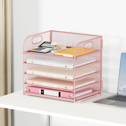 Lavatino 5 Tray Desk File Organizer, Black Mesh Paper Sorter Letter Tray Organizer with Handle, Desktop File Organizer and Storage for Letter/A4 Office File Folder