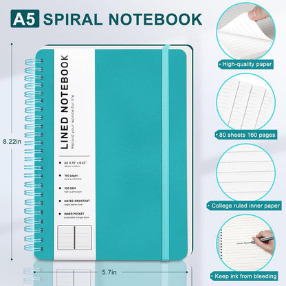ABERLLS Lined Spiral Journal Notebook with 160 Pages, 8×5.7in, A5 Spiral Notebook, Journaling Notebooks for Work, School, Women, Men, College Ruled Spiral Notebook, Hardcover Leather Journals, Blue