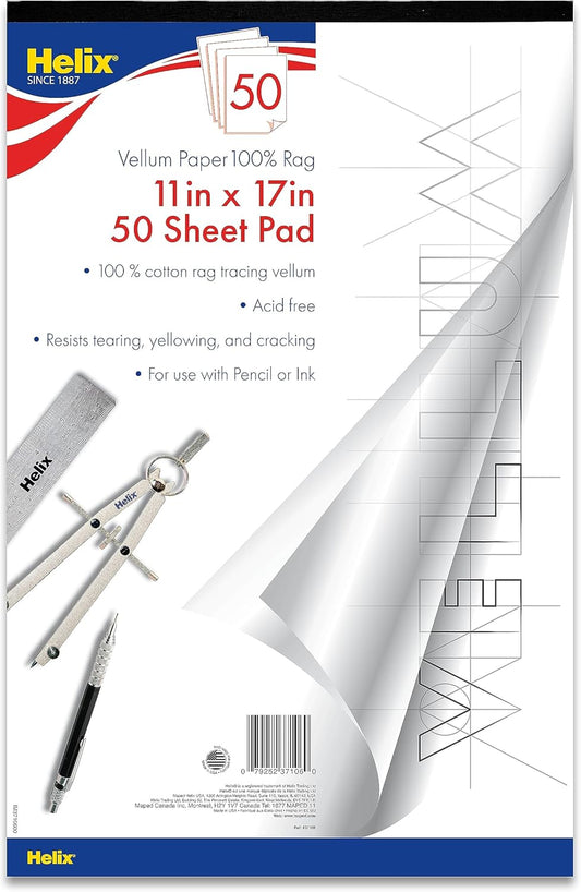 Helix - 100% Rag Vellum Paper Pad - 1 Inch Equals 10x10 Grid - 8.5 Inch x 11 Inch - 50 Sheet Pad - Acid-Free - Drafting, Art, Sketching and Tracing