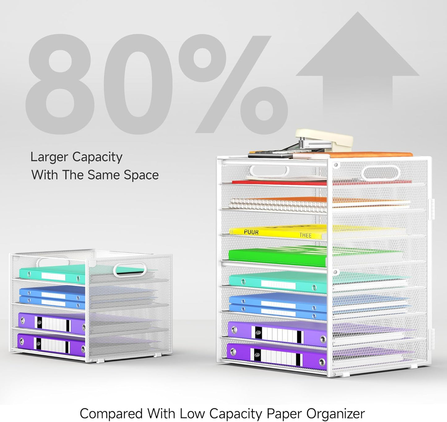 Cawukege 9 Tier Paper Organizer with Handle, Black Large Capacity Desk Organizer Mesh File Folder Letter Paper Tray Desktop Document Sorter for Classroom, School, and Office Accessories Organization