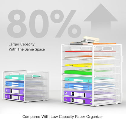 Cawukege 9 Tier Paper Organizer with Handle, Black Large Capacity Desk Organizer Mesh File Folder Letter Paper Tray Desktop Document Sorter for Classroom, School, and Office Accessories Organization