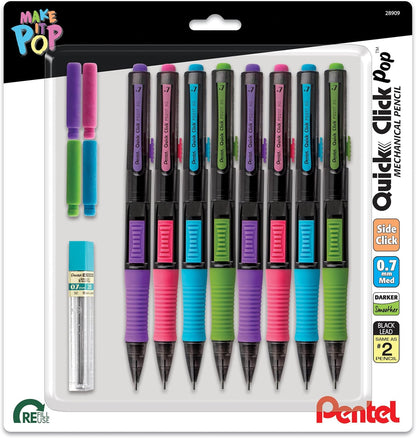 Pentel Quick Click POP Mechanical Pencil, (0.7mm), Includes Refill Lead and Erasers, Pack of 8 Pencils (PD217LEBP8)