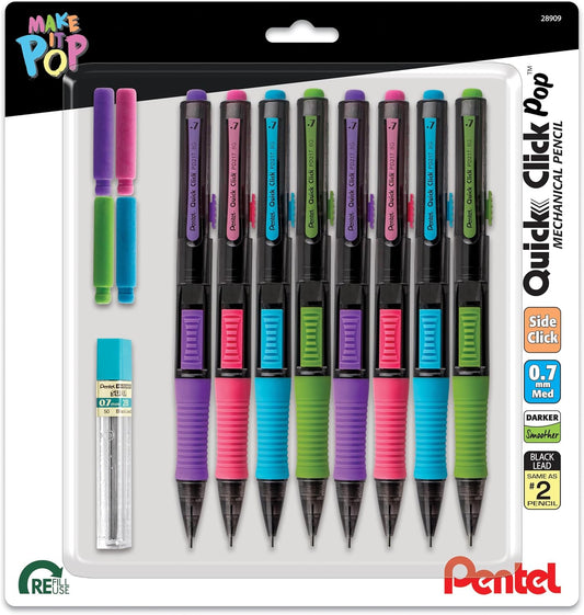 Pentel Quick Click POP Mechanical Pencil, (0.7mm), Includes Refill Lead and Erasers, Pack of 8 Pencils (PD217LEBP8)