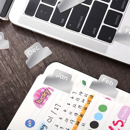 Outus 24 Pieces Monthly Adhesive Tabs for Planner - Designer Accessories Monthly Tabs Stickers Decorative for Office Planners Organizations Sturdy Notebook Planners Journal(Black)