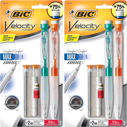 BIC Velocity Max Mechanical Pencils, With Colorful Barrel, Medium Point (0.7mm), 2-Count Pack Mechanical Pencils With Erasers and Lead Refills