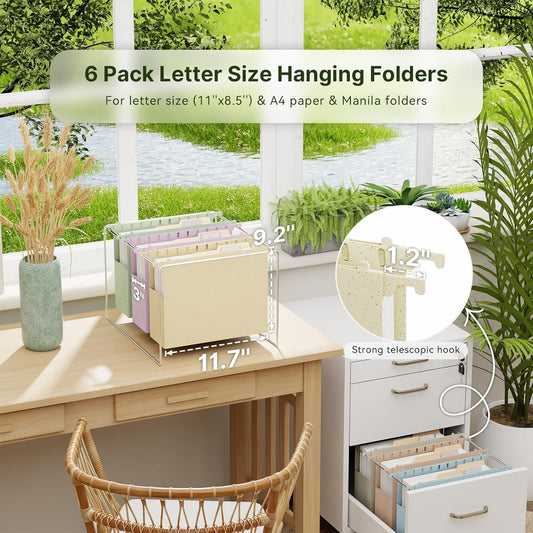 XINGIA Hanging File Folders Letter Size,3'' Expandable File Folders Hanging with Tabs,6 Pack Extra Capacity Hanging Folders for Filing Cabinet,Wheat Straw Plastic Hang File Organizer,Assorted Colors