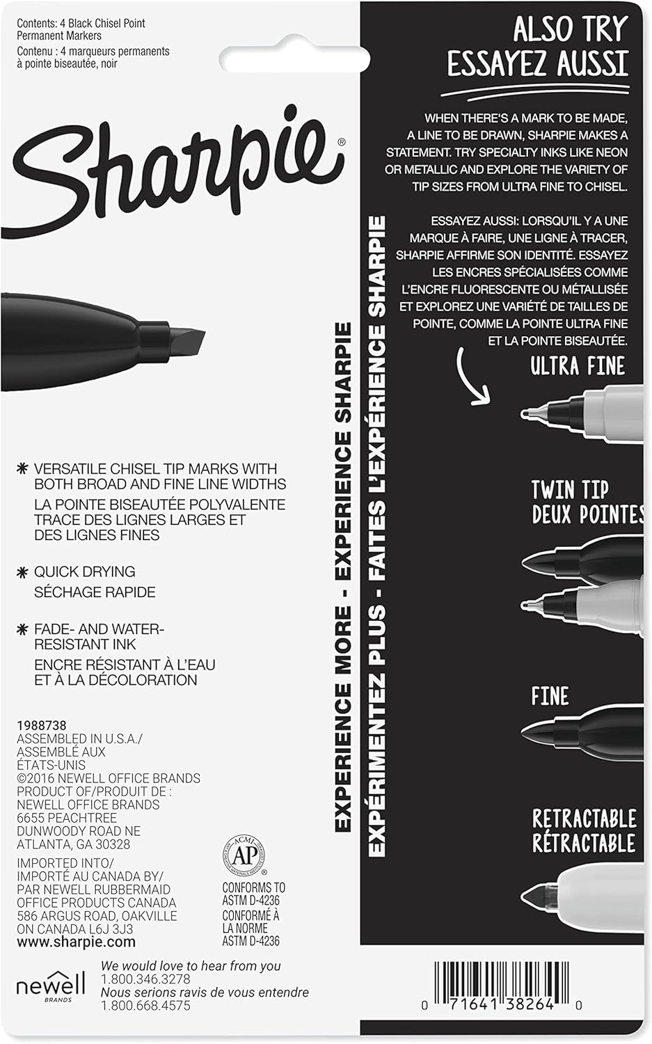 Sharpie Permanent Markers, Large, Chisel Tip, Black, 4 Count - Marks on Paper, Plastic, Metal, and More