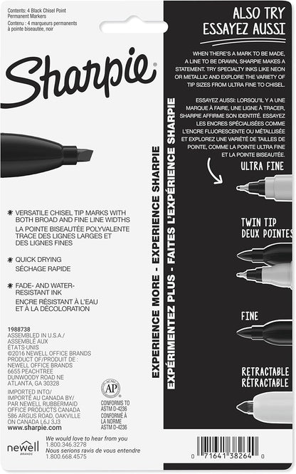 Sharpie Permanent Markers, Large, Chisel Tip, Black, 4 Count - Marks on Paper, Plastic, Metal, and More