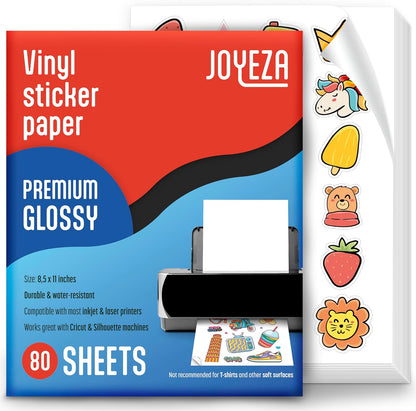 JOYEZA Premium Printable Vinyl Sticker Paper for Inkjet Printer - 25 Sheets Glossy White Waterproof, Dries Quickly Vivid Colors, Holds Ink Well - Inkjet & Laser Printer