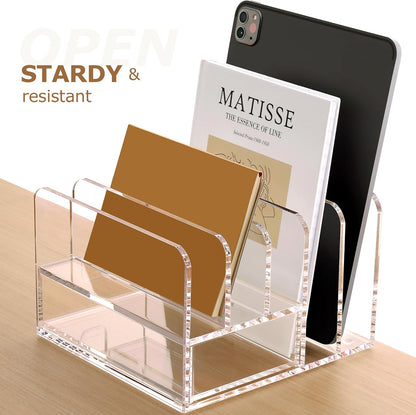 SANRUI 5 Compartments Acrylic Mail Sorter Holder, Clear Document Magazine Envelope File Rack, Vertical Letter Sorter & Multifunction Desk Organizer for Bills, Documents, Notebooks