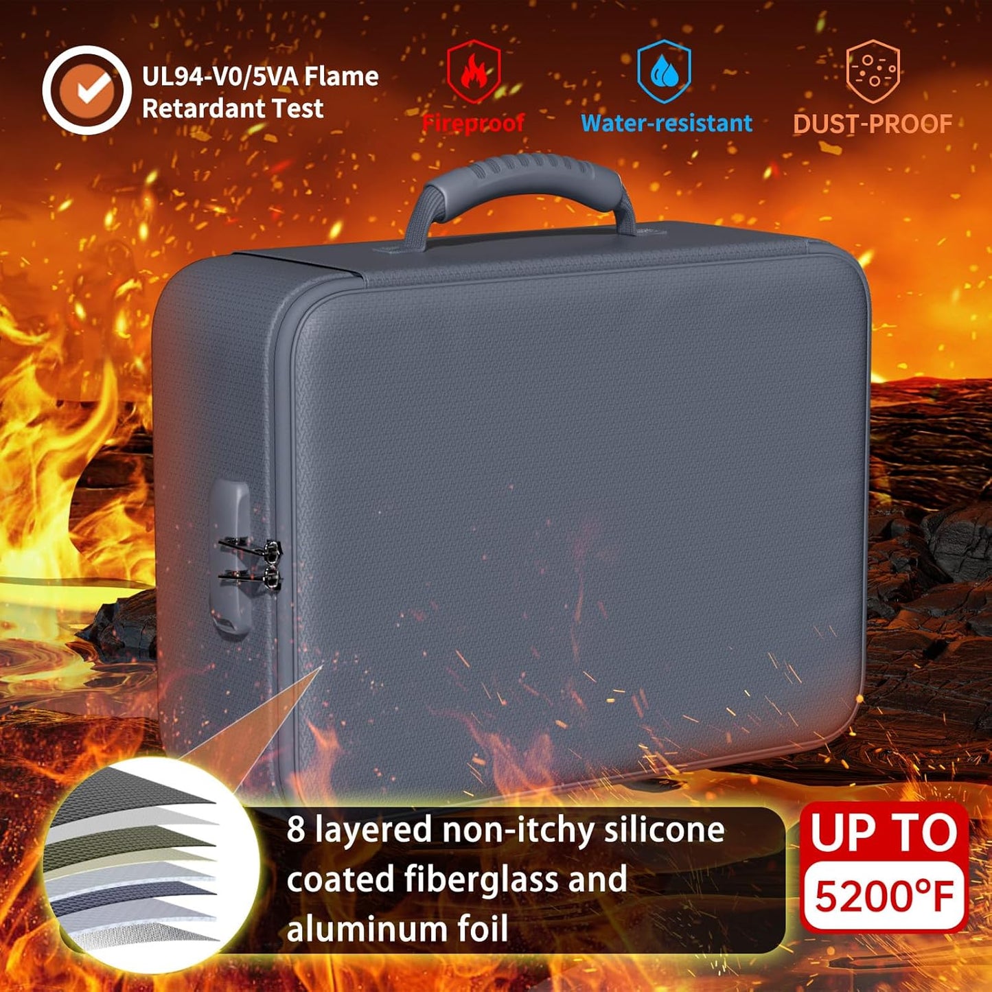 DocSafe 5200°F Document Organizer with Lock, Upgraded Heat Insulated Fireproof＆Water-Resistant Box 8 Layers File Organizer, Portable Home Travel Safe Storage for Important Documents and More