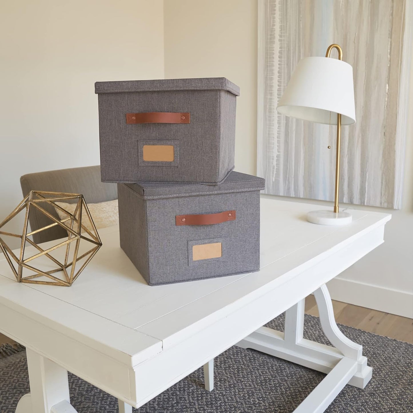 ZICOTO Decorative File Organizer Box Set of 2 - Collapsible Linen Filing Cabinets with Handles Are Perfect to Store All Your Documents & Hanging File Folders - Portable Easy Slide Crates with Lid