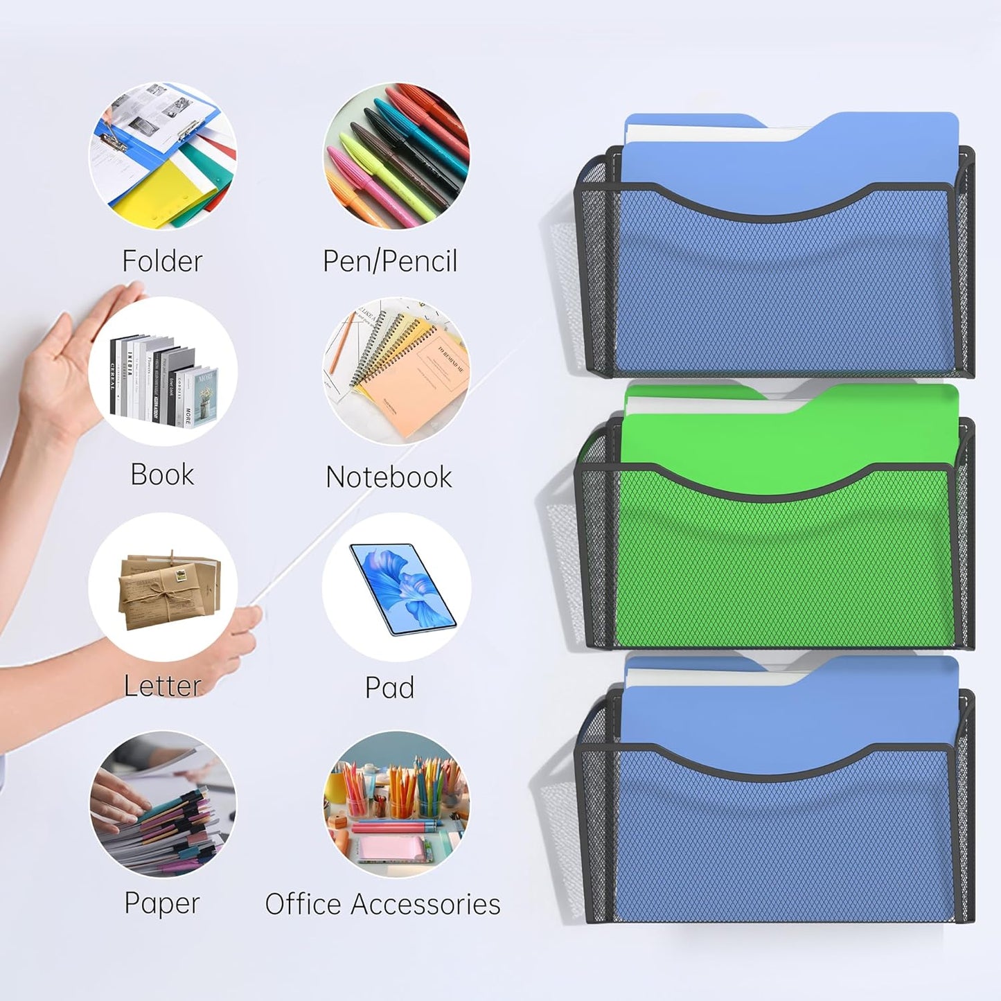 Gawerk 3 Pack Wall File Organizer, Mesh Wall File Pocket Mail Organizer Hanging Metal Vertical Wall Mounted File Holder for Office/Home