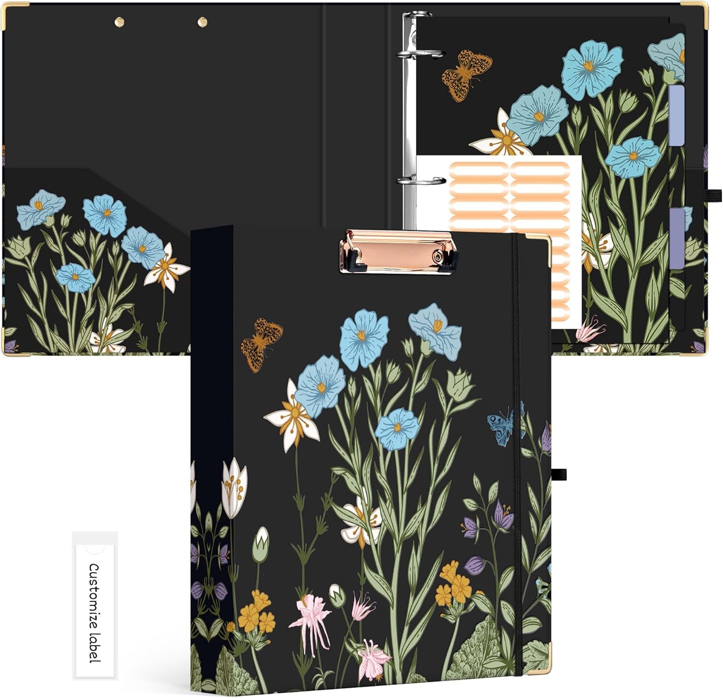 Ospelelf Binder 3 Ring 1 Inch, Floral Round Ring Clipboard Binder for Letter Size with 5 Tab Dividers, File Folder Labels, for School and Office Supplies