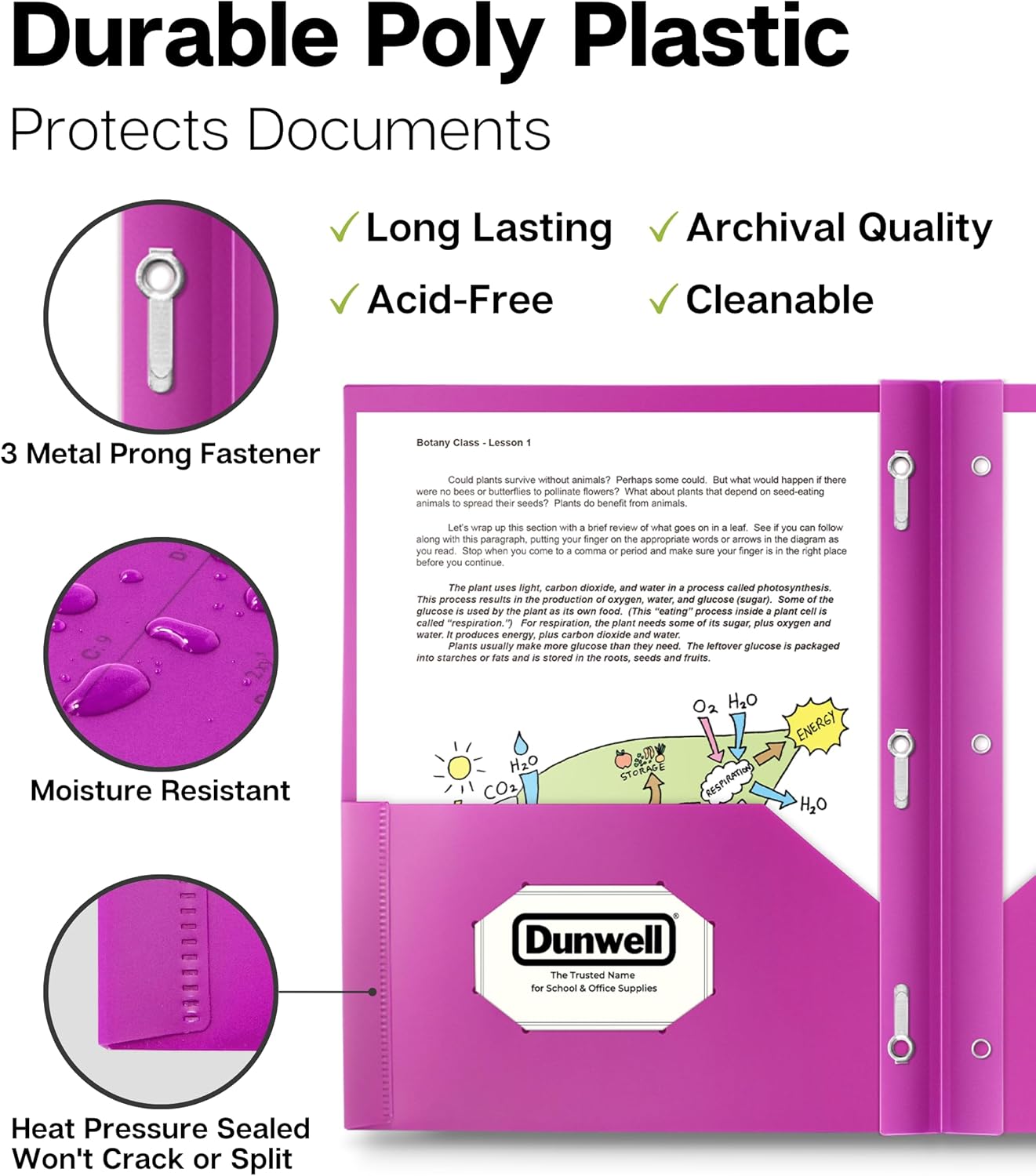 Dunwell 2-Pocket 3-Prong Folders with Clear Front View Pocket, 6 Vibrant Colors, Durable Acid-Free Poly Plastic, 3-Hole Binders with Brads and Pockets, Include Labels