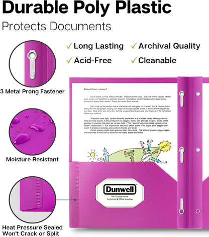 Dunwell 2-Pocket 3-Prong Folders with Clear Front View Pocket, 6 Vibrant Colors, Durable Acid-Free Poly Plastic, 3-Hole Binders with Brads and Pockets, Include Labels