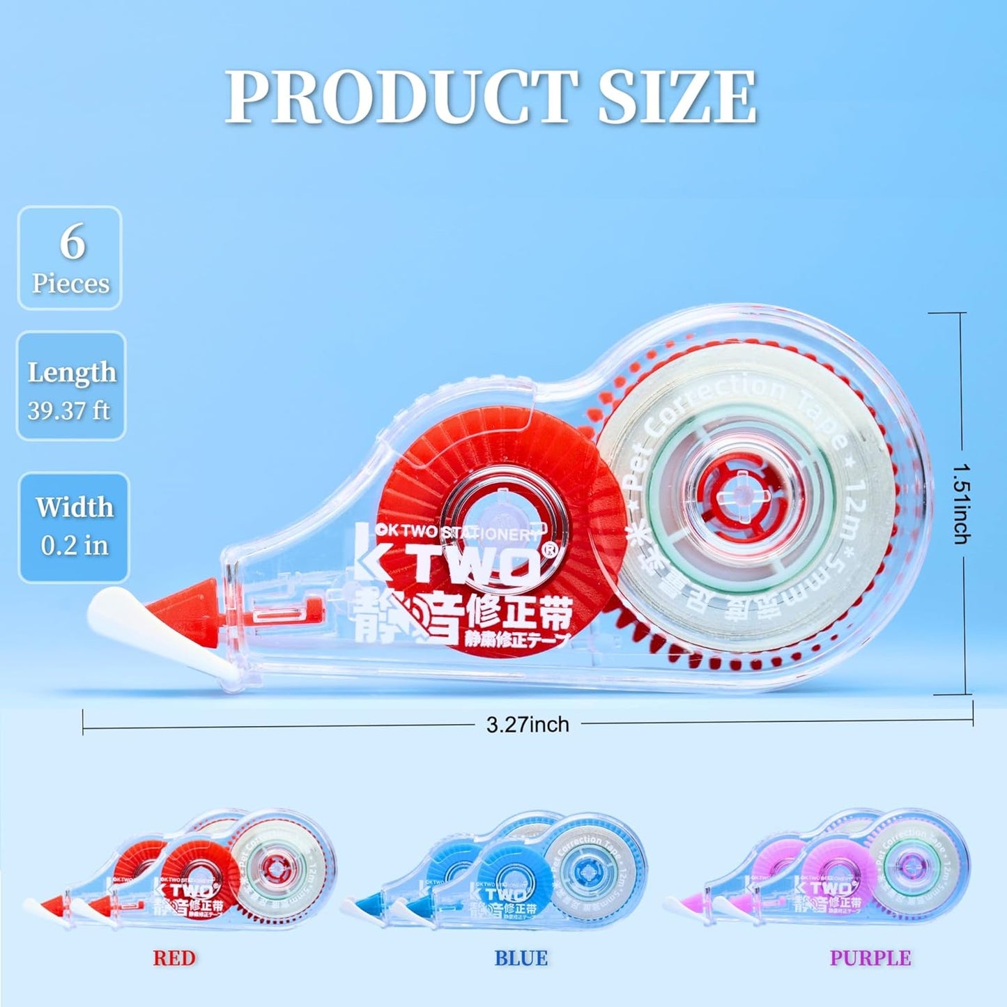 39.37 ft Correction Tape, 6PCS, Fast, Clean, Noiseless and Easy-to-Use Correction Tape Bulk Office School Supplies, Blue, Red, Purple