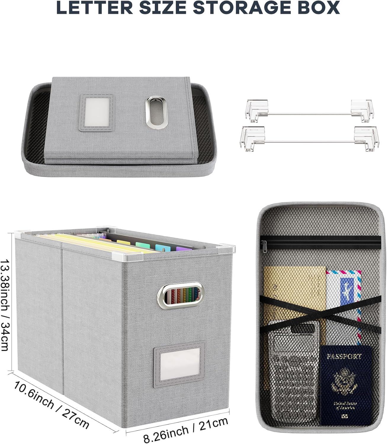 Oterri File Organizer Box with Lid, Hanging Filing File Box with Mesh Pocket, Document Organizer Box for Letter Files, Portable Storage Box with Smooth Sliding Rail for Office&Home (1 PCS, Beige)