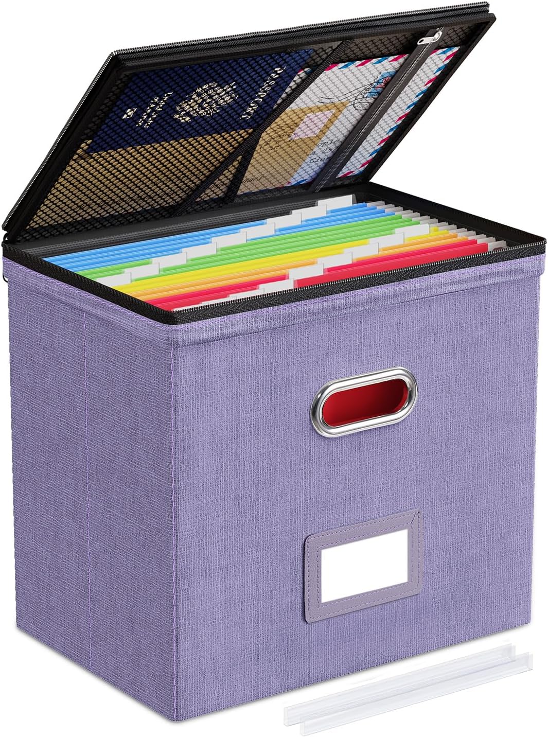 Oterri 2 Pack File Organizer Boxes with Lids, File Box with Mesh Pockets, Document Organizer Box for File Folders Letter Size, Zippers Filing Box for Home, Office, School (Green, Without Folders)