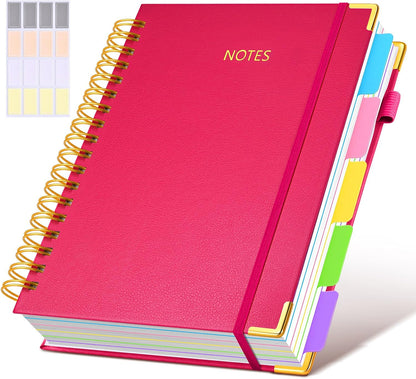 Hardcover Spiral Notebook Journal with Removable Dividers Tabs, 300 Pages Leather 5 Subject Notebook College Ruled, 8"x10" Large B5 Notebooks for Work School Note taking, Lined Journal for Women, Pink
