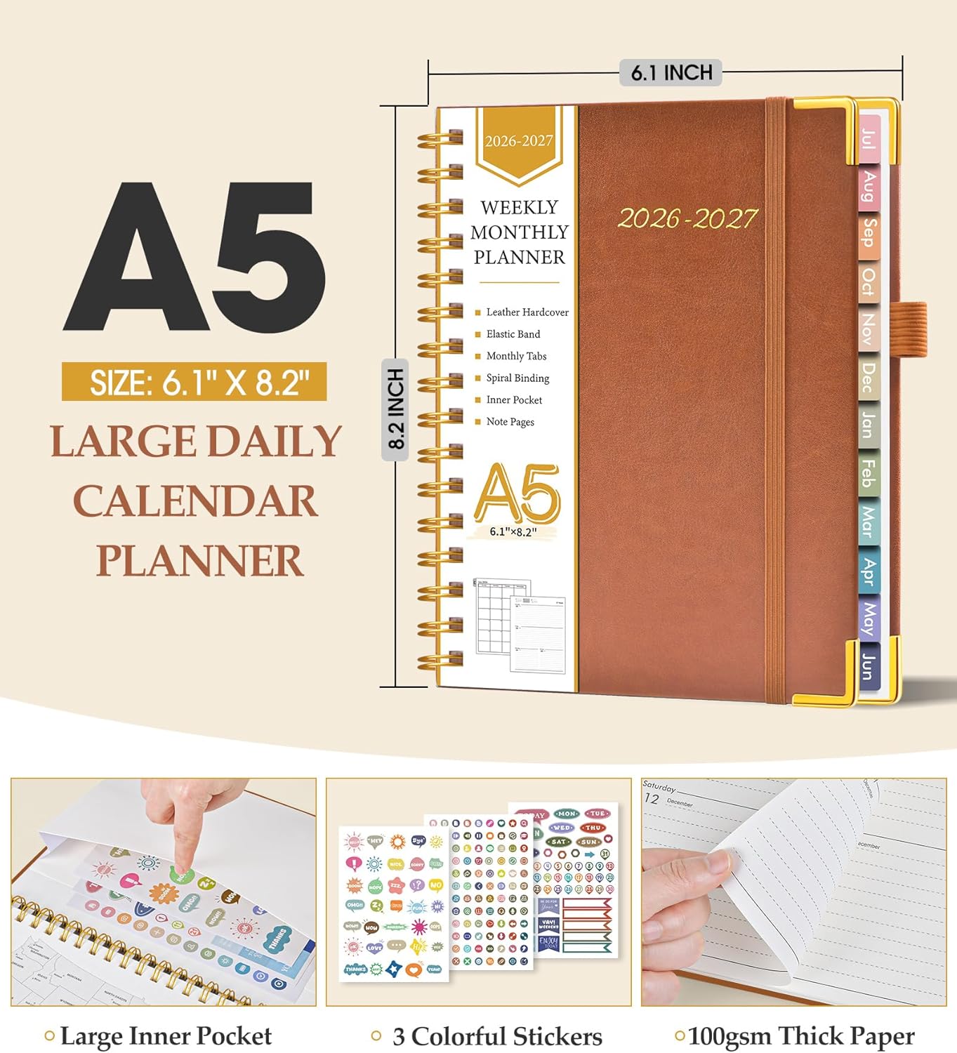 2026 Planner, Weekly and Monthly Calendar Planner from January 2026 - December 2026, 8.5" x 11" Hardcover Leather Hourly Appointment Book with Tabs, Spiral Daily Planners for School Work Home, Green