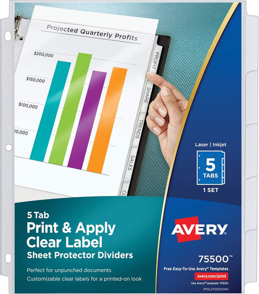 Avery 5-Tab Sheet Protector Dividers, Easy Print & Apply Clear Labels, Index Maker, White Tabs, 1 Set (75500)