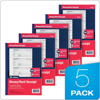 Adams Money and Rent Receipt Books, 3-Part Carbonless, 7-5/8" x 10-7/8", Bound Wraparound Cover, 100 Sets per Book, 4 Receipts per Page, 5 Books per Pack (TC1182-5)