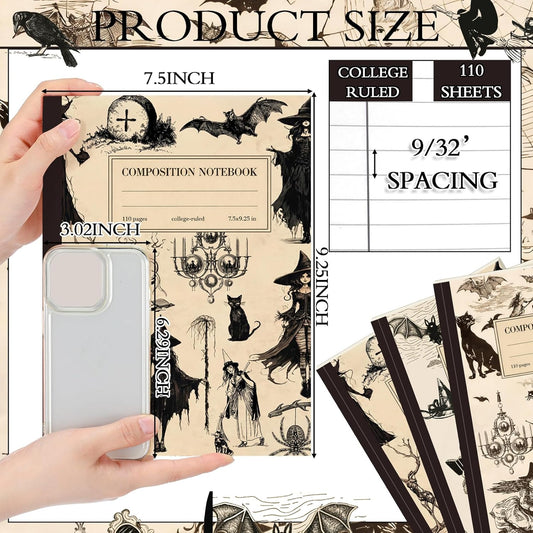 Colarr 6 Pcs Composition Notebook College Ruled Paper Vintage Decomposition Notebook 110 Page 7-1/2" x 9-1/4" Anatomy Medical Illustration Skull Skeleton Med Journal Radiology Tech Student (3,Witch)