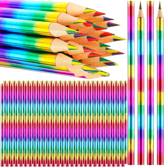 Fainne 96 Pieces Rainbow Colored Pencils 4 Color in 1 Rainbow Wooden Pencil for Kids, Art Supplies, Reward Gifts for Students(Holographic Type)