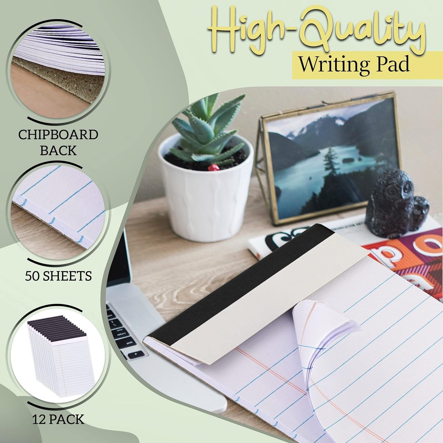 Yellow Legal Notepads 5x8, Pack of 6 - legal Ruled Writing Pad. Perforated Edge. Canary Yellow, Universal, Junior Size, 50 sheets per Pad. By Enday