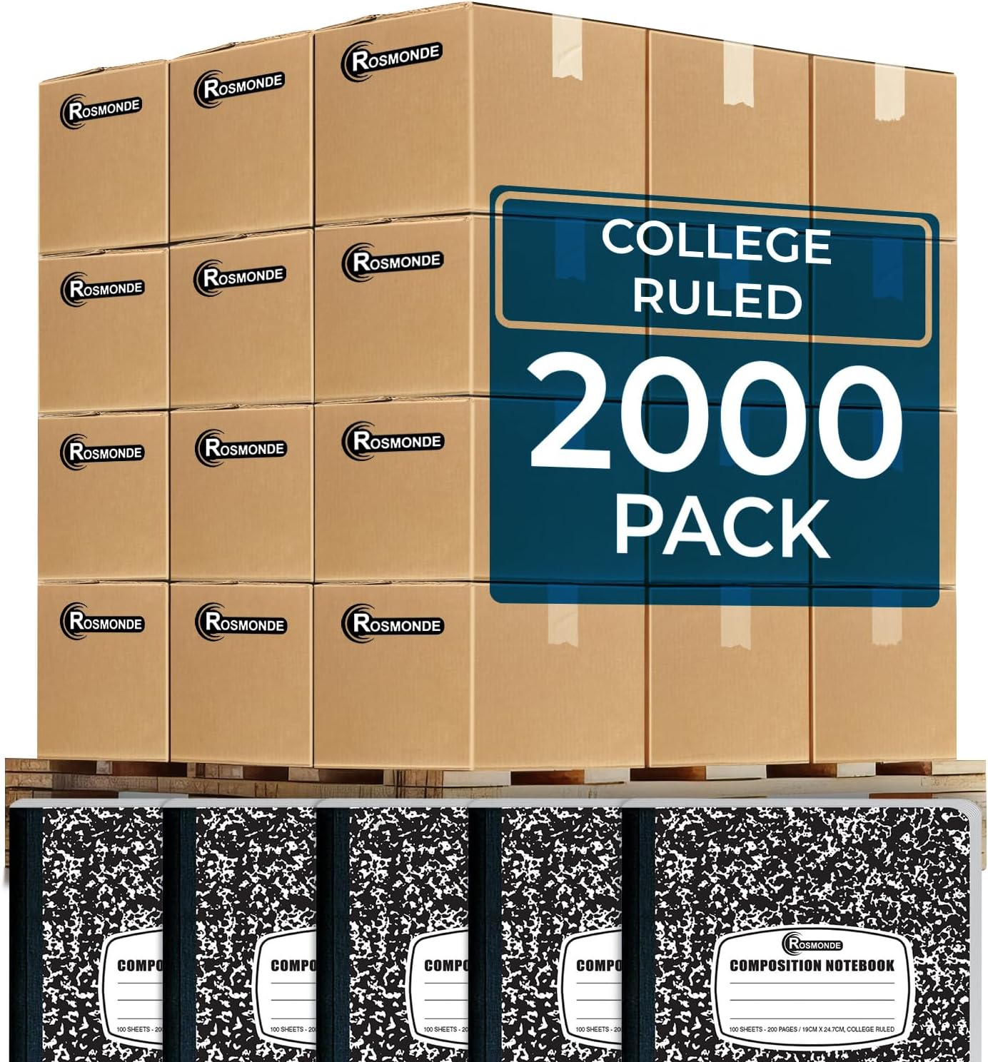 Rosmonde College Ruled Composition Notebooks 5 Pack, 200 Pages (100 Sheets), 9-3/4" x 7-1/2", White & Black Marble Composition Book, Hard Cover, Sturdy Sewn Binding, School, College & Office Supplies