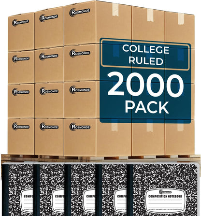 Rosmonde College Ruled Composition Notebooks 5 Pack, 200 Pages (100 Sheets), 9-3/4" x 7-1/2", White & Black Marble Composition Book, Hard Cover, Sturdy Sewn Binding, School, College & Office Supplies