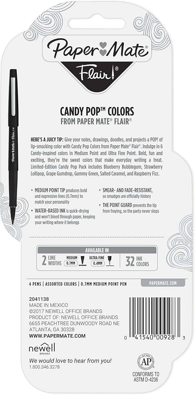 Paper Mate Flair Felt Tip Pens, Medium Point (0.7mm), Limited Edition Candy Pop Pack, 6 Count