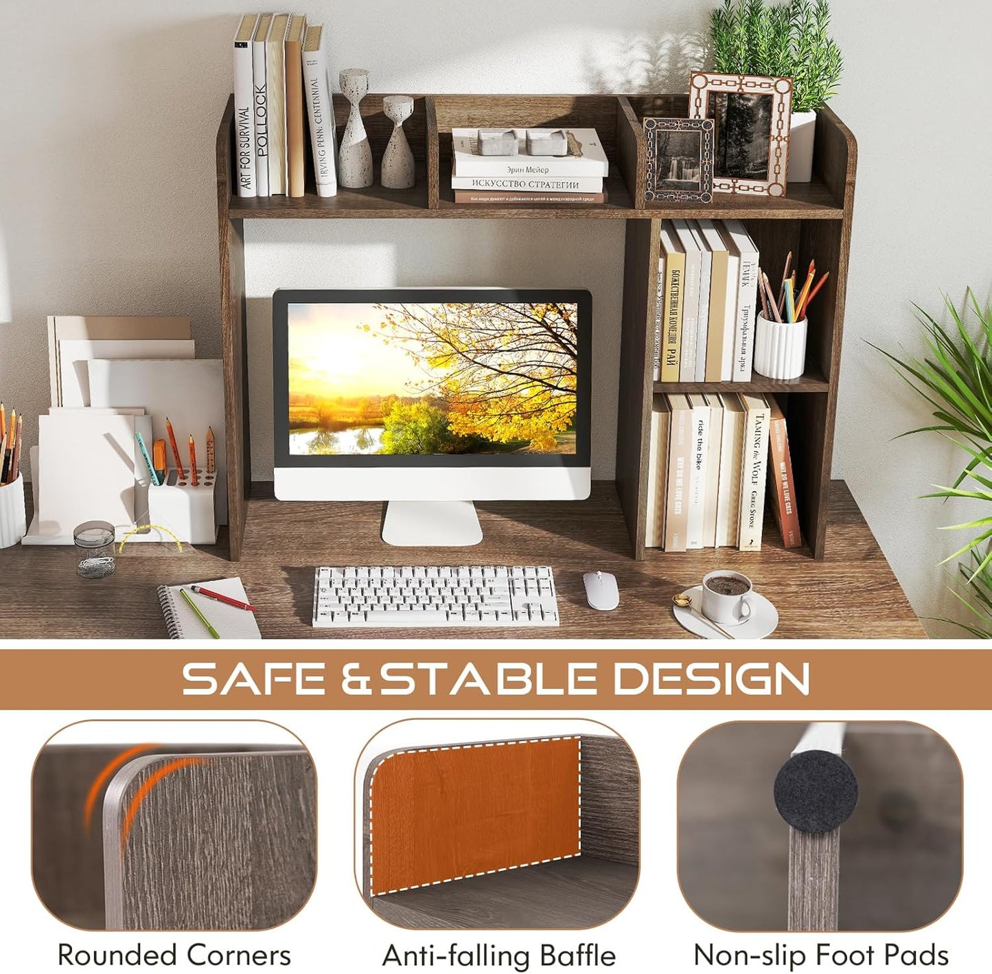 Tangkula Desktop Bookshelf, Countertop Storage Hutch with 5 Shelves for Computer Desk, Desk 3-Tier Display Rack, Multipurpose Wood Desktop Hutch Storage Organizer for Dorm Office Home